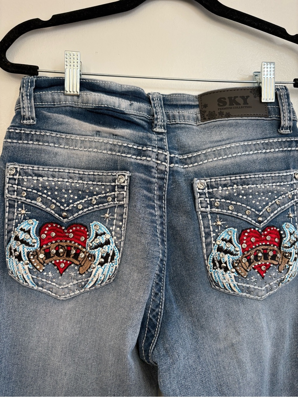 Sky Women's Light Blue Bootcut Jeans with Red Heart & Wing Embroidery - Picture 1 of 6